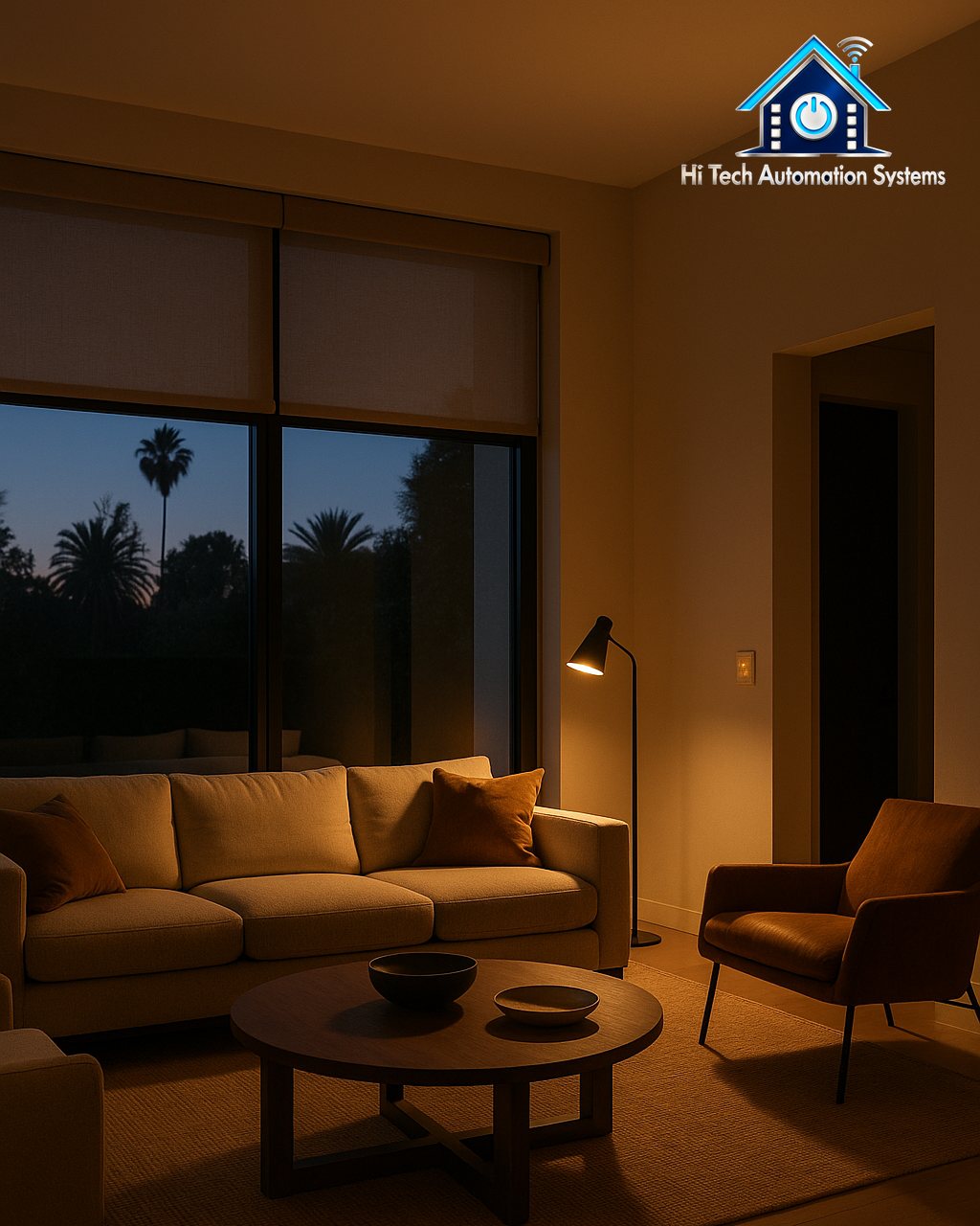 A luxury living room at dusk with dimmed lights and shades half lowered.