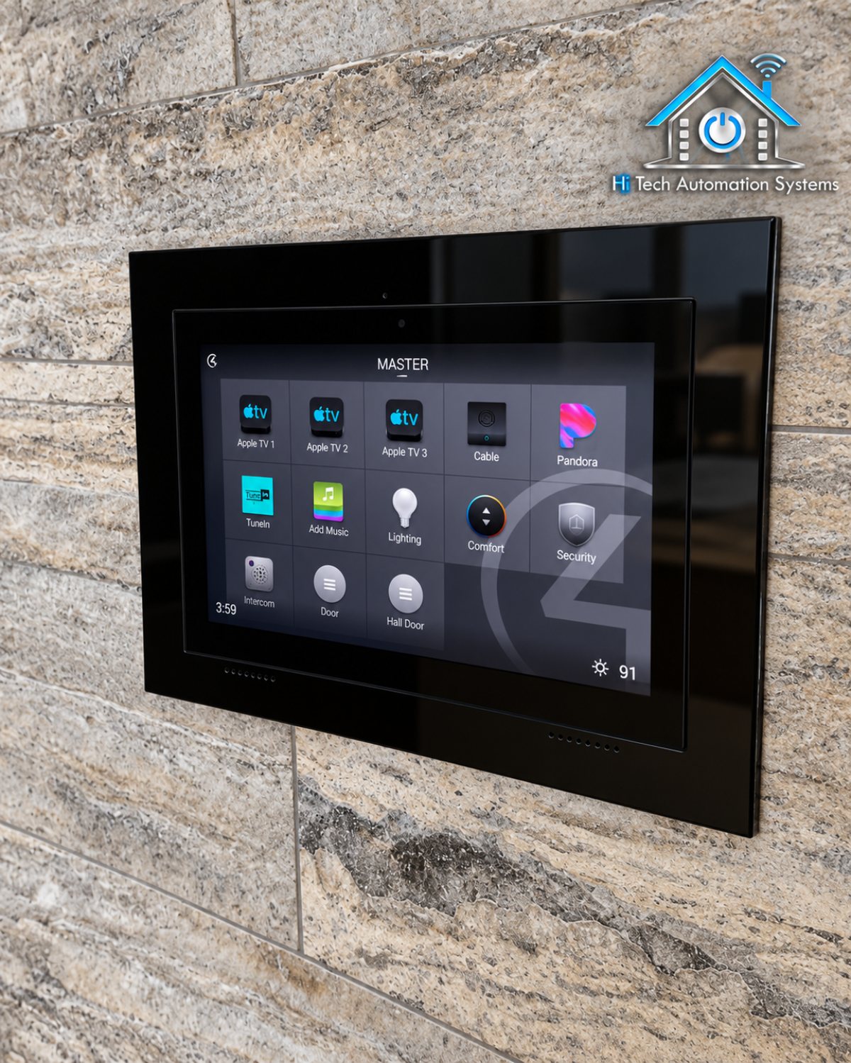 Control4 touch panel set into a stone wall, showing the home control screen.